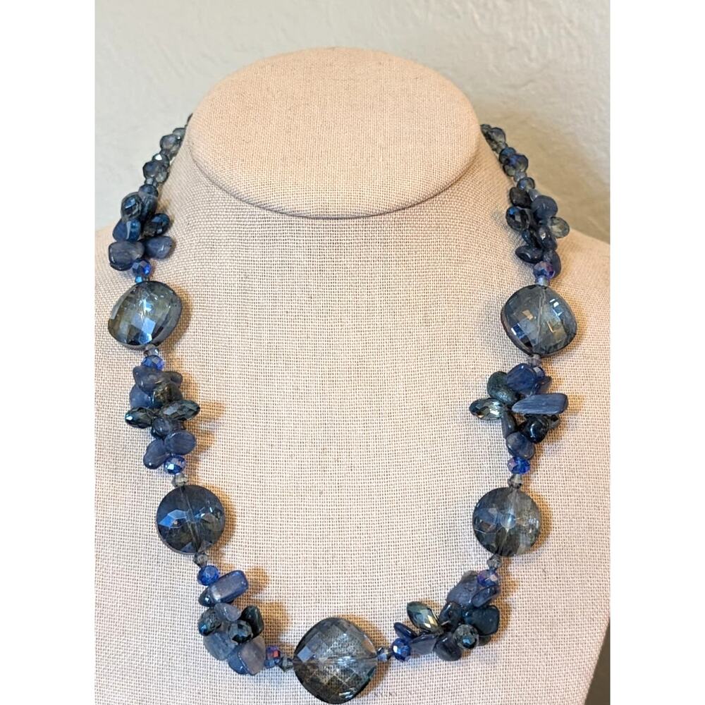 Smoky Blue Faceted Crystal and Blue Stone Necklace on Sterling Chain